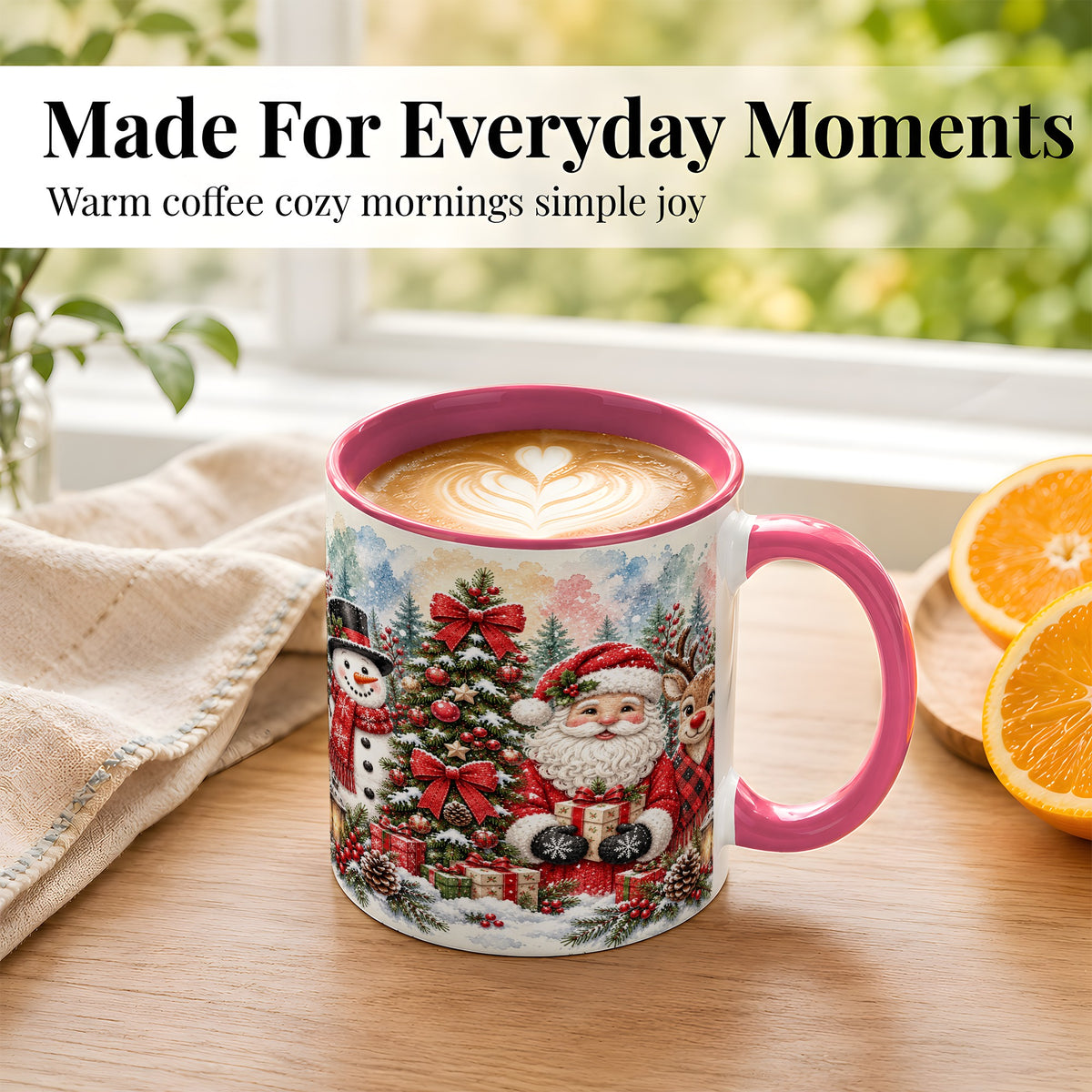 #pl[11oz|Pink] Classic Christmas Coffee Mug, Santa Snowman Reindeer Mug, Ceramic Cup