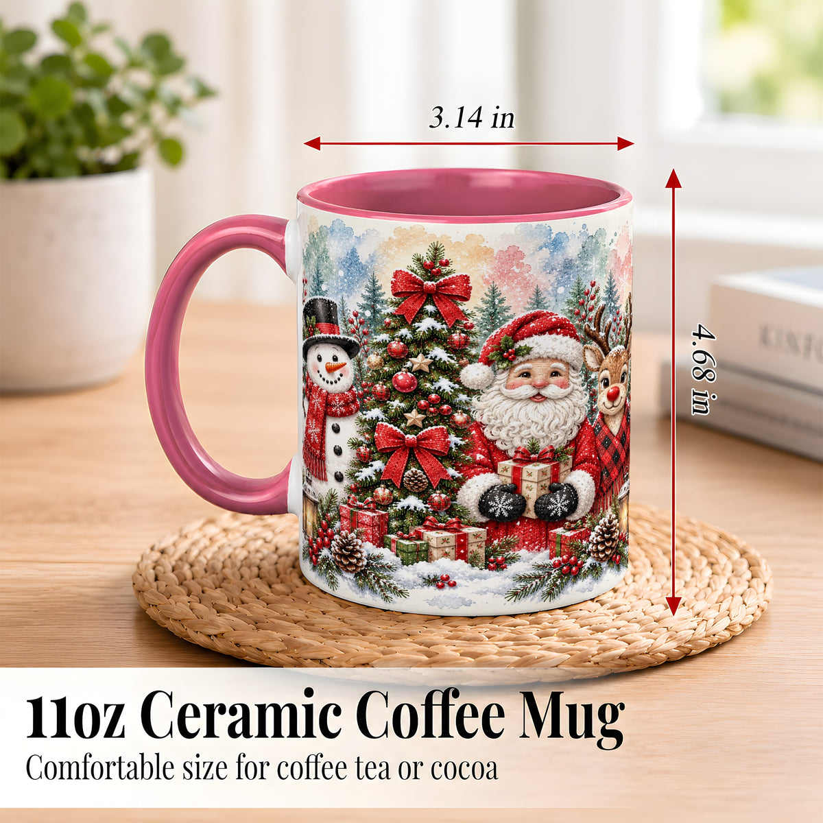 #pl[11oz|Pink] Classic Christmas Coffee Mug, Santa Snowman Reindeer Mug, Ceramic Cup