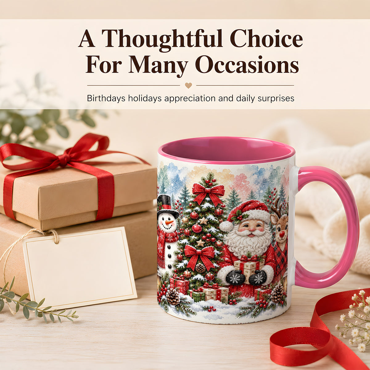 #pl[11oz|Pink] Classic Christmas Coffee Mug, Santa Snowman Reindeer Mug, Ceramic Cup