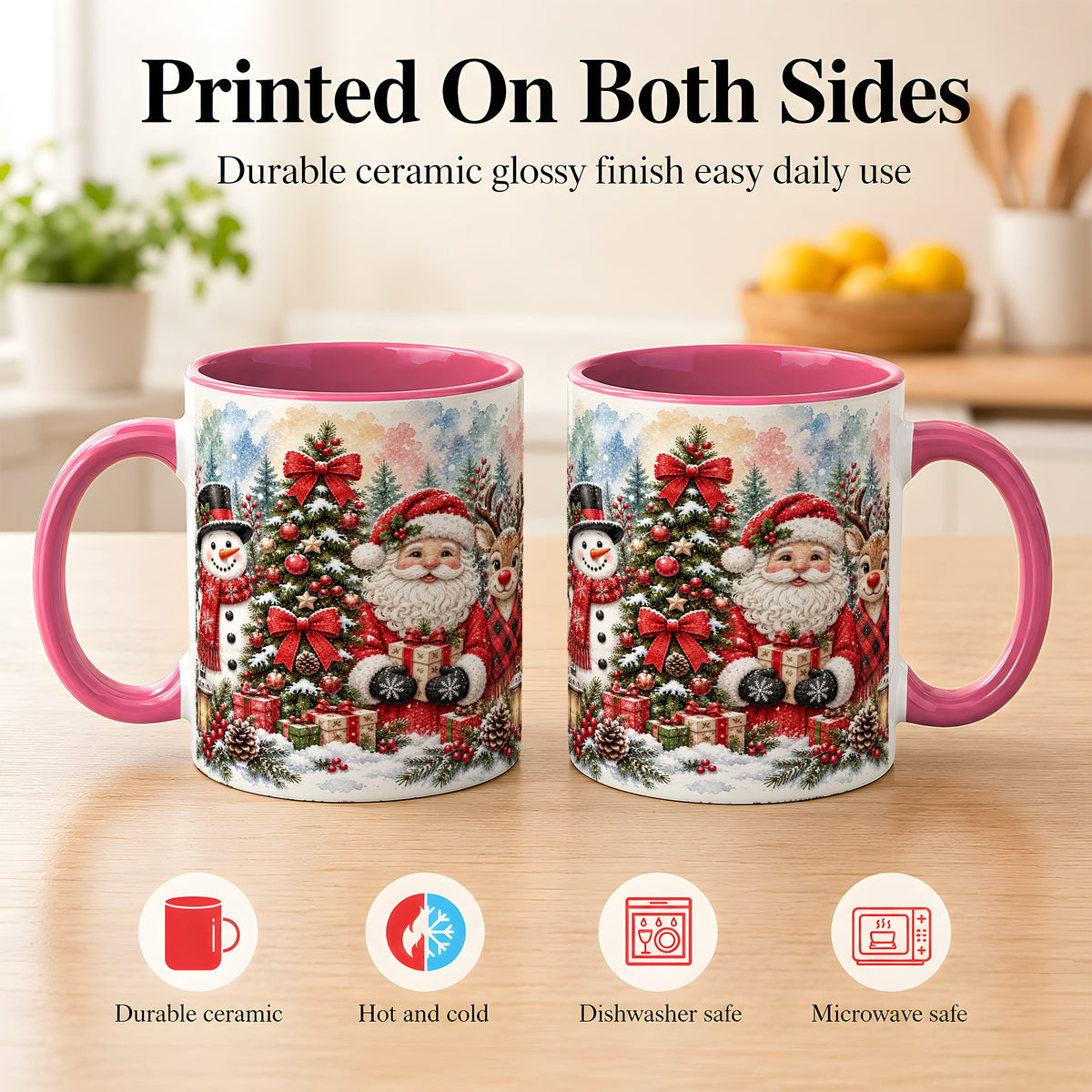 #pl[11oz|Pink] Classic Christmas Coffee Mug, Santa Snowman Reindeer Mug, Ceramic Cup