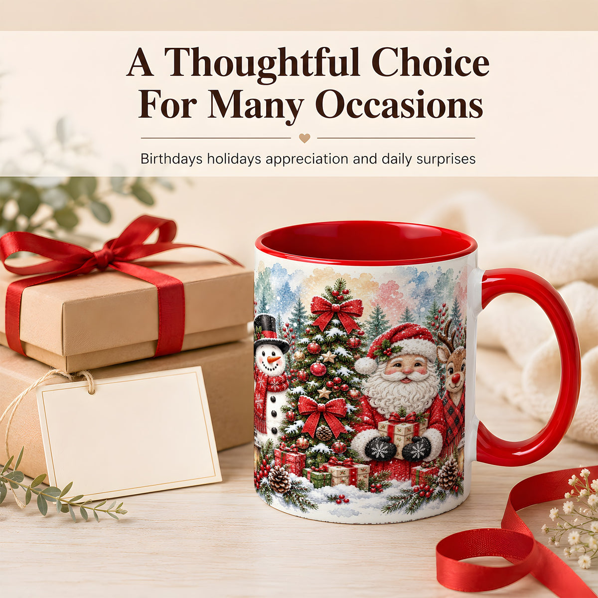 #pl[11oz|Red] Classic Christmas Coffee Mug, Santa Snowman Reindeer Mug, Ceramic Cup