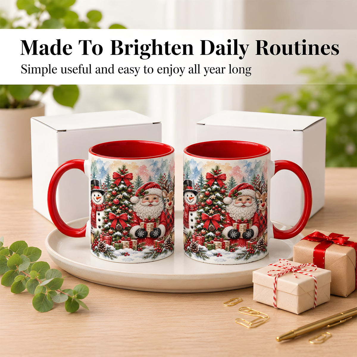#pl[11oz|Red] Classic Christmas Coffee Mug, Santa Snowman Reindeer Mug, Ceramic Cup