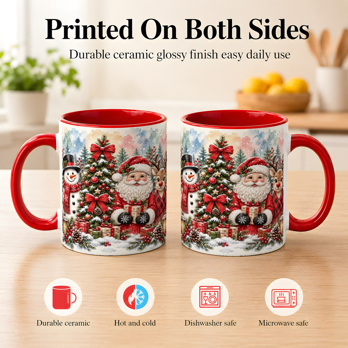 #pl[11oz|Red] Classic Christmas Coffee Mug, Santa Snowman Reindeer Mug, Ceramic Cup