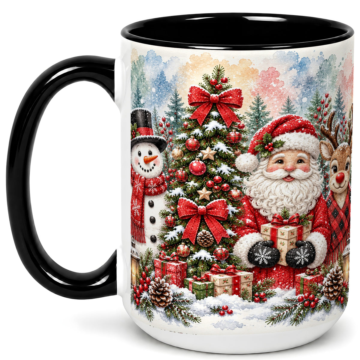 #pl[15oz|Black] Classic Christmas Coffee Mug, Santa Snowman Reindeer Mug, Ceramic Cup