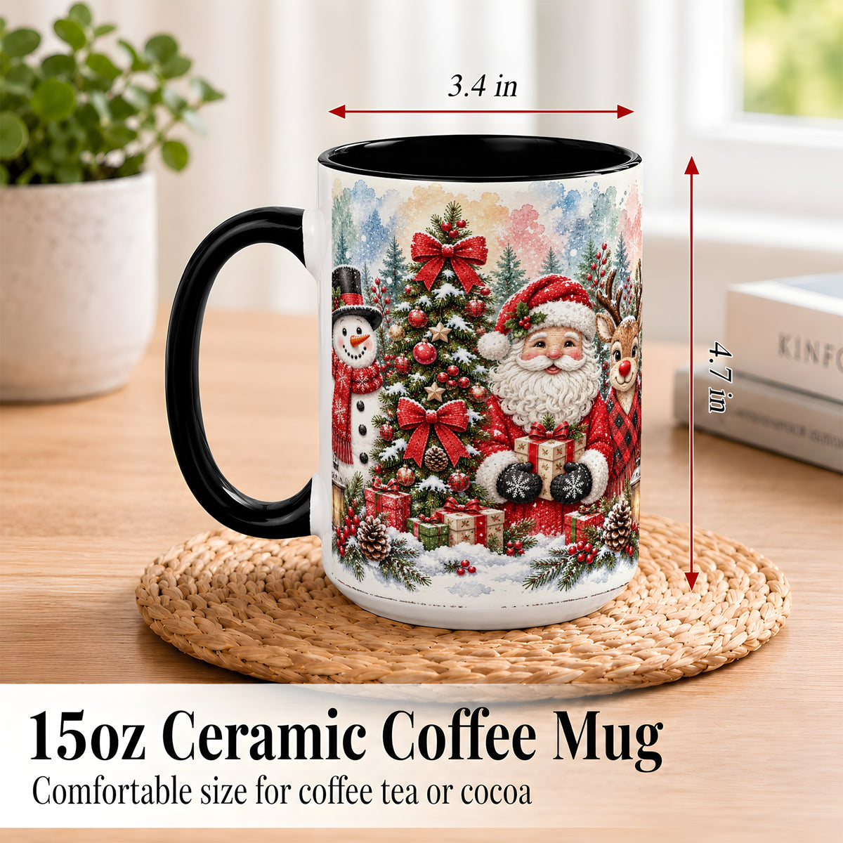 #pl[15oz|Black] Classic Christmas Coffee Mug, Santa Snowman Reindeer Mug, Ceramic Cup