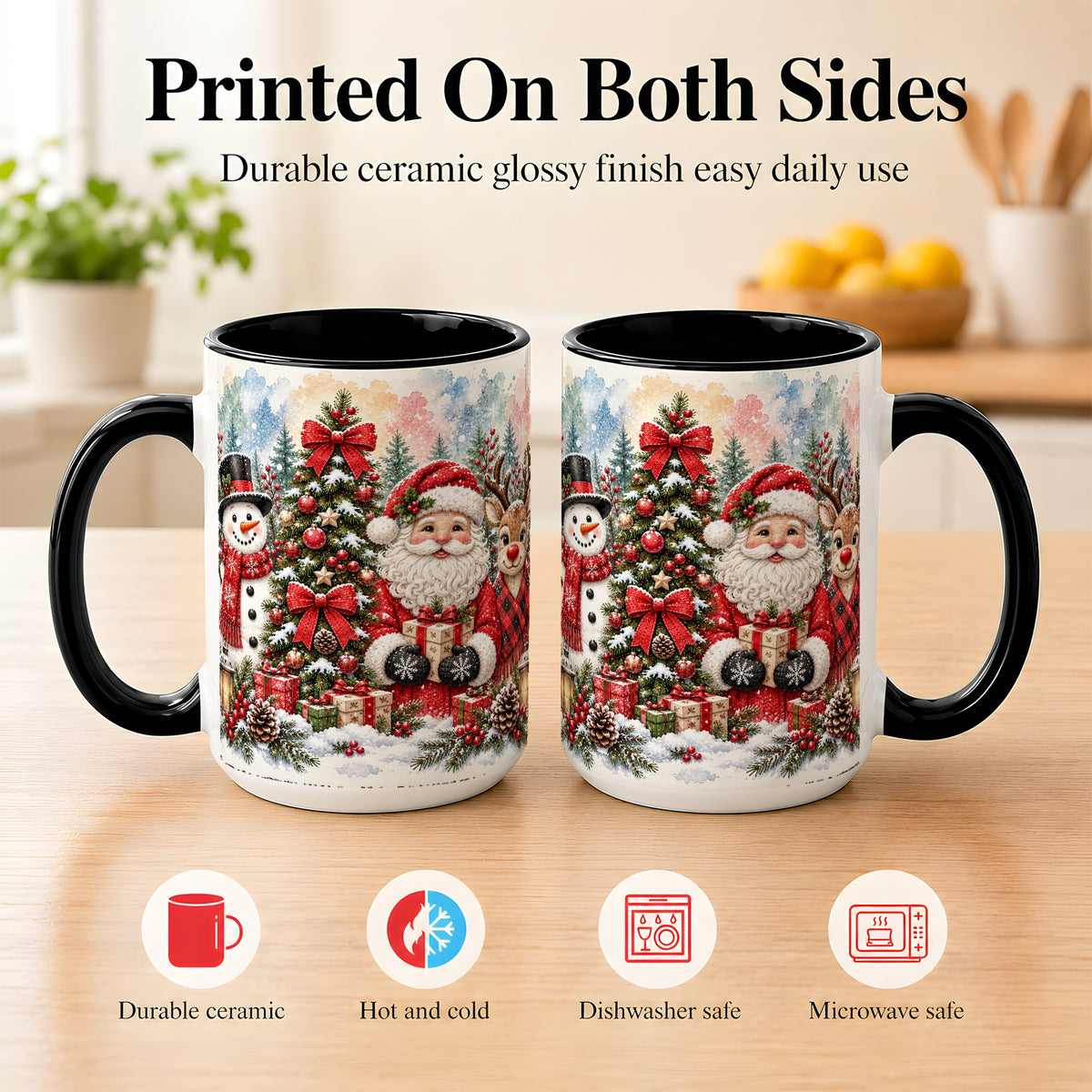 #pl[15oz|Black] Classic Christmas Coffee Mug, Santa Snowman Reindeer Mug, Ceramic Cup