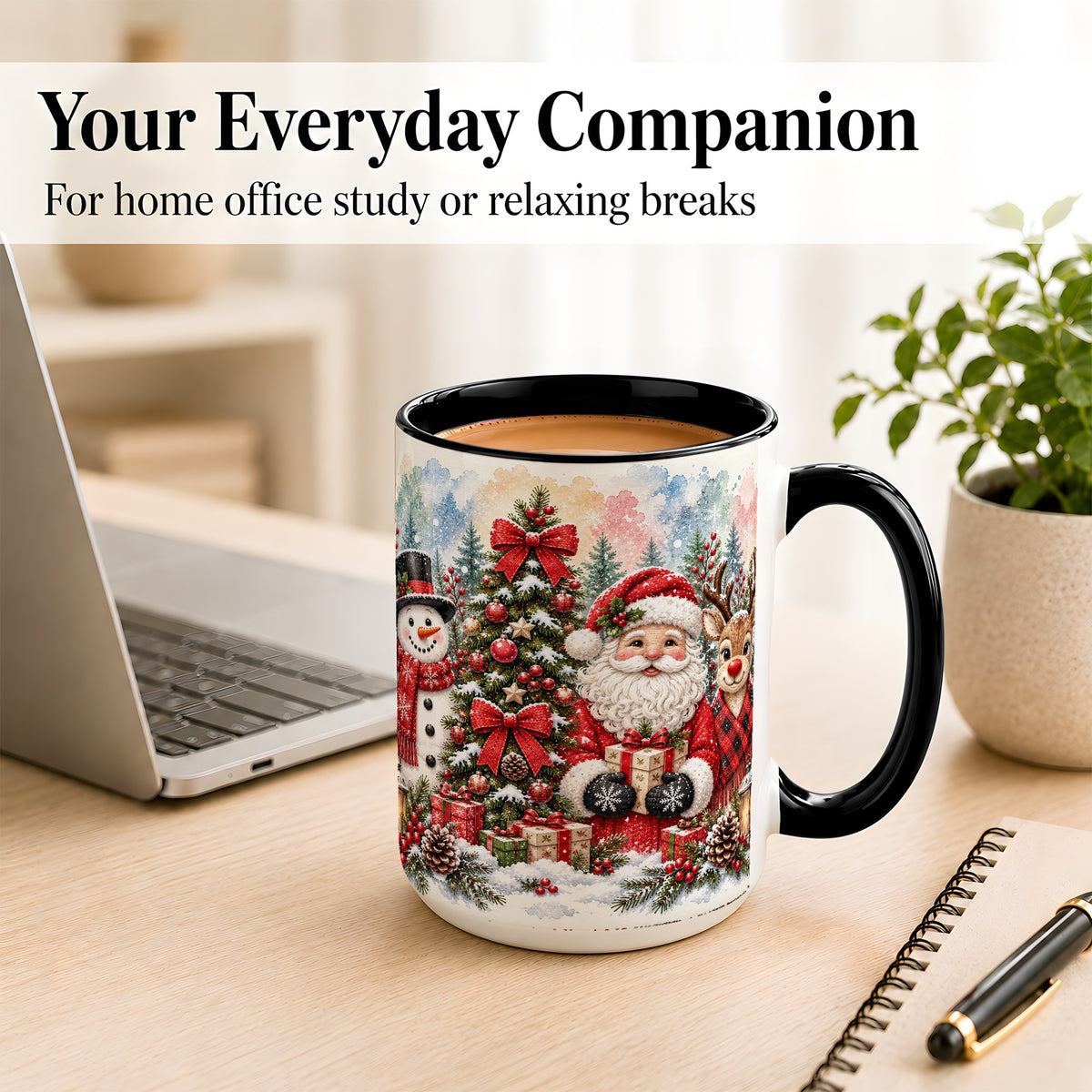 #pl[15oz|Black] Classic Christmas Coffee Mug, Santa Snowman Reindeer Mug, Ceramic Cup