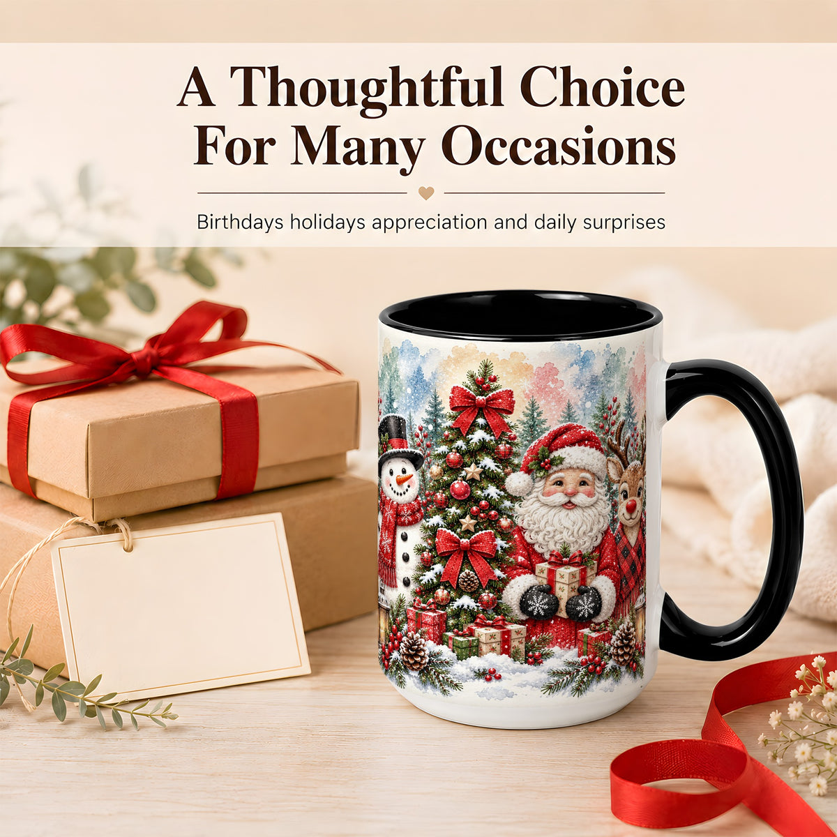 #pl[15oz|Black] Classic Christmas Coffee Mug, Santa Snowman Reindeer Mug, Ceramic Cup