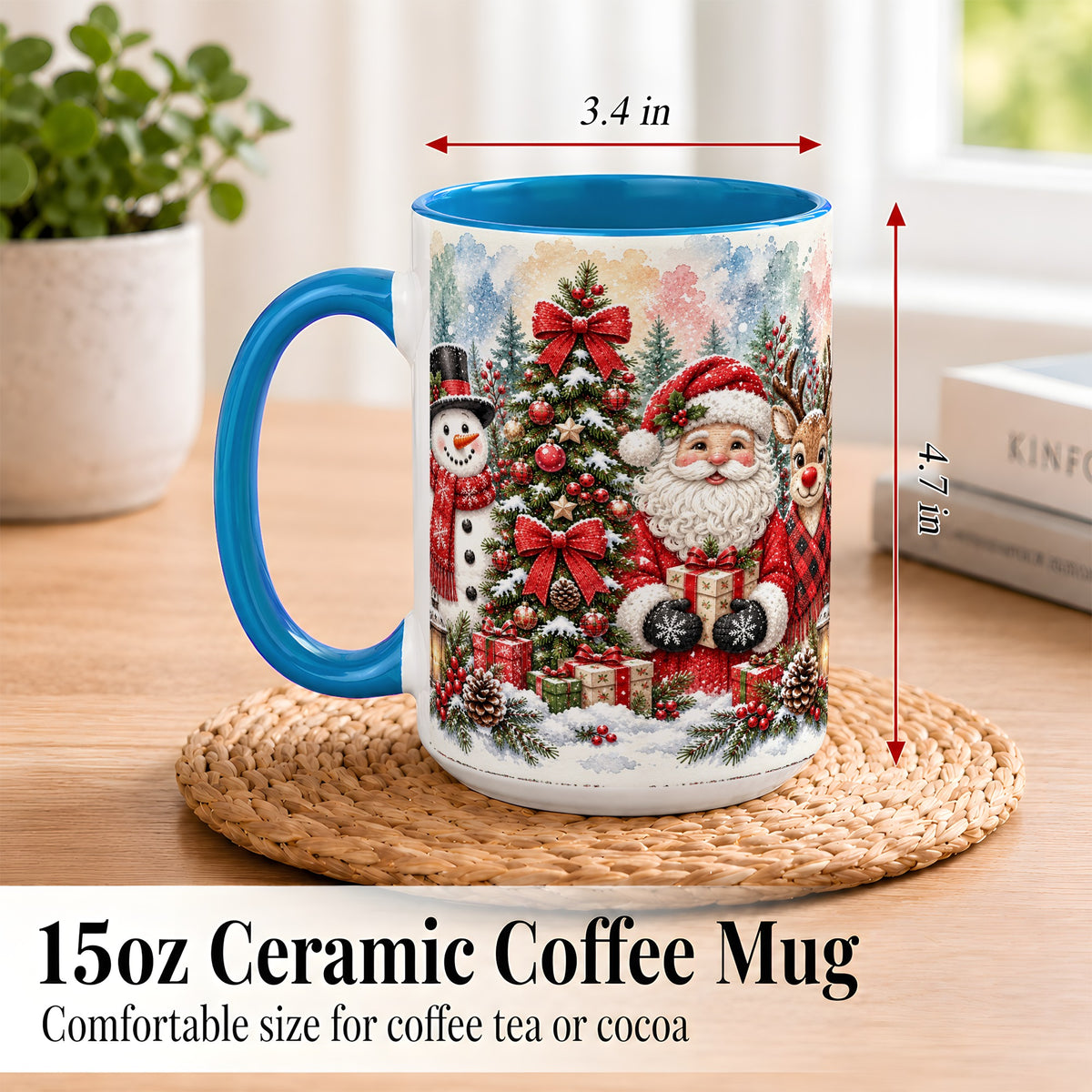 #pl[15oz|Blue] Classic Christmas Coffee Mug, Santa Snowman Reindeer Mug, Ceramic Cup