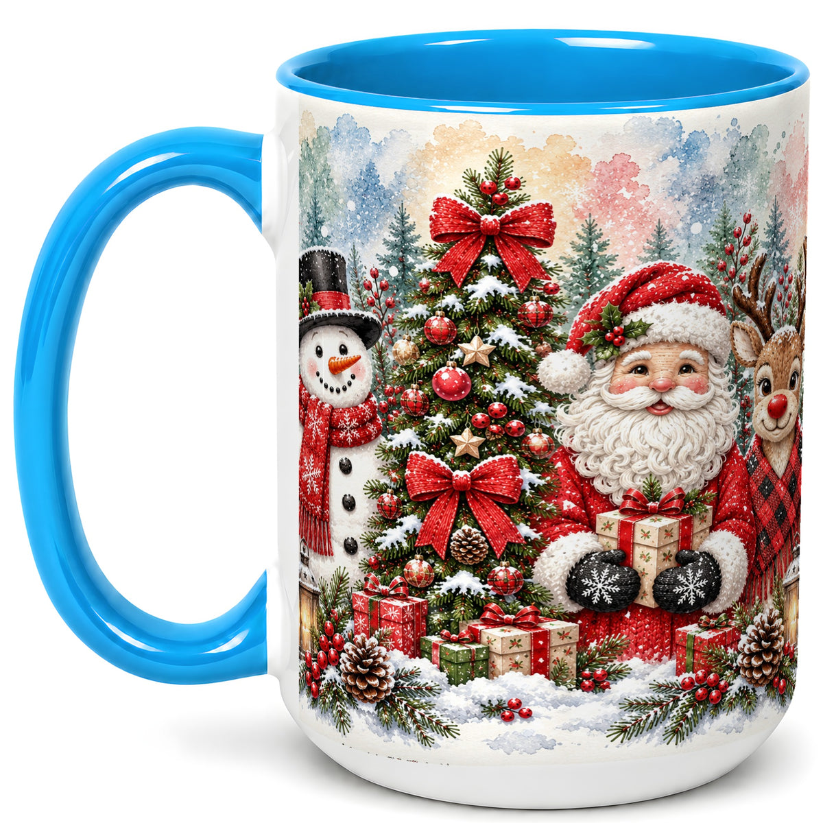 #pl[15oz|Blue] Classic Christmas Coffee Mug, Santa Snowman Reindeer Mug, Ceramic Cup