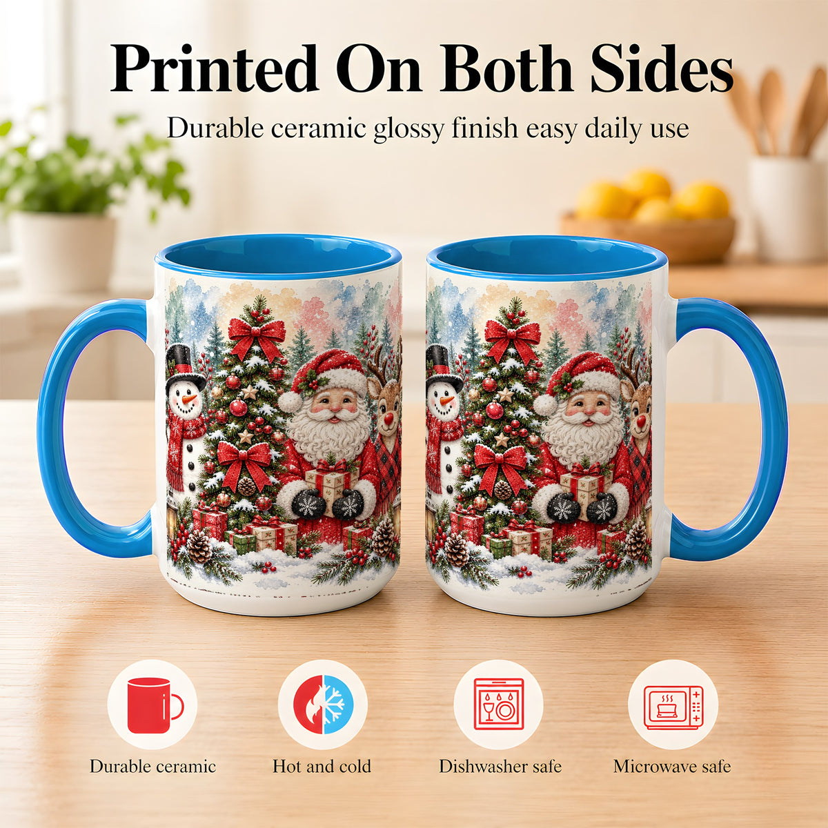 #pl[15oz|Blue] Classic Christmas Coffee Mug, Santa Snowman Reindeer Mug, Ceramic Cup