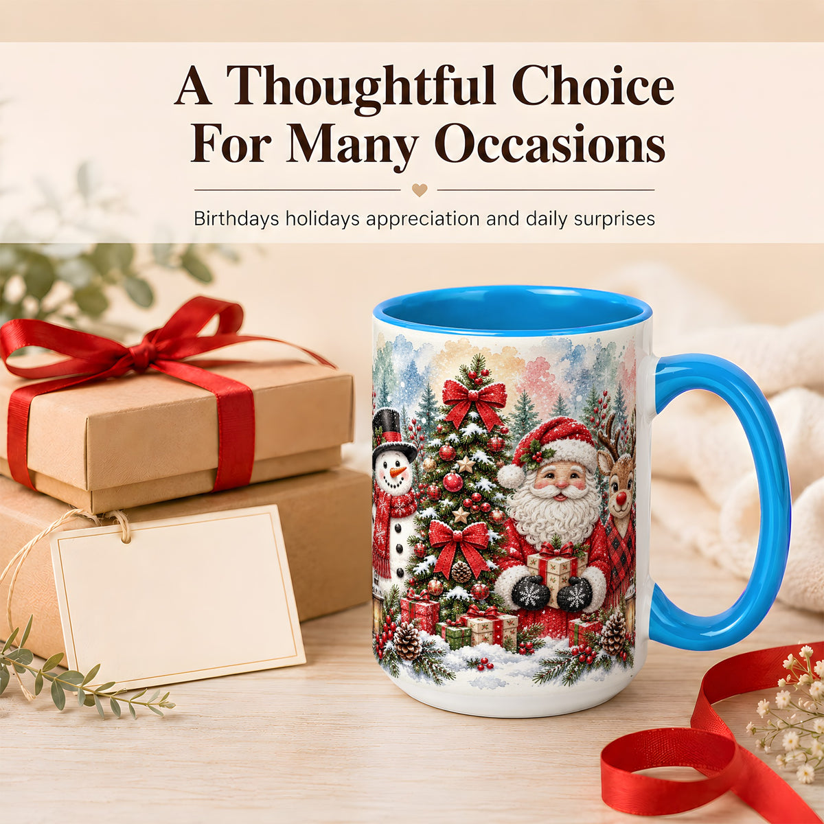 #pl[15oz|Blue] Classic Christmas Coffee Mug, Santa Snowman Reindeer Mug, Ceramic Cup