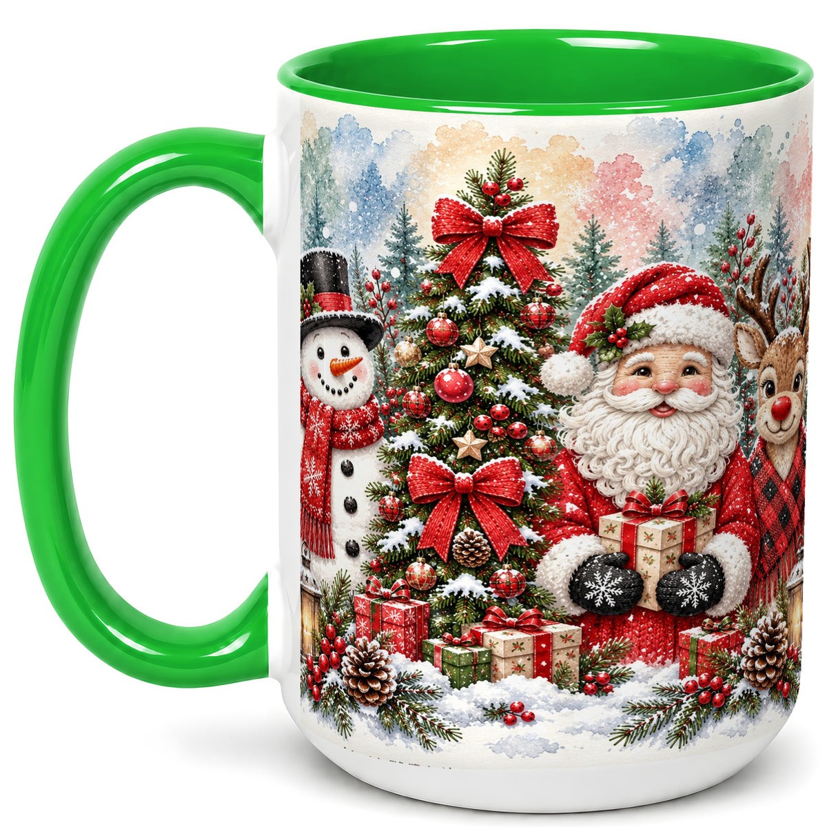 #pl[15oz|Green] Classic Christmas Coffee Mug, Santa Snowman Reindeer Mug, Ceramic Cup