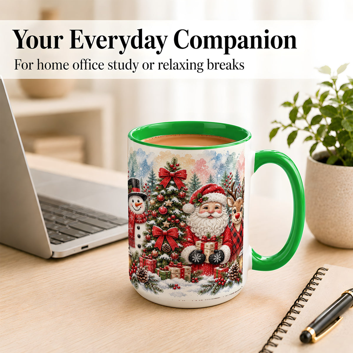 #pl[15oz|Green] Classic Christmas Coffee Mug, Santa Snowman Reindeer Mug, Ceramic Cup