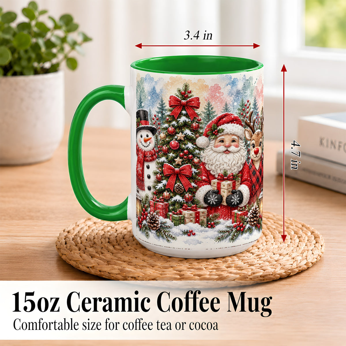 #pl[15oz|Green] Classic Christmas Coffee Mug, Santa Snowman Reindeer Mug, Ceramic Cup