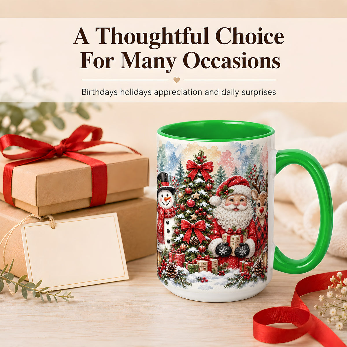 #pl[15oz|Green] Classic Christmas Coffee Mug, Santa Snowman Reindeer Mug, Ceramic Cup