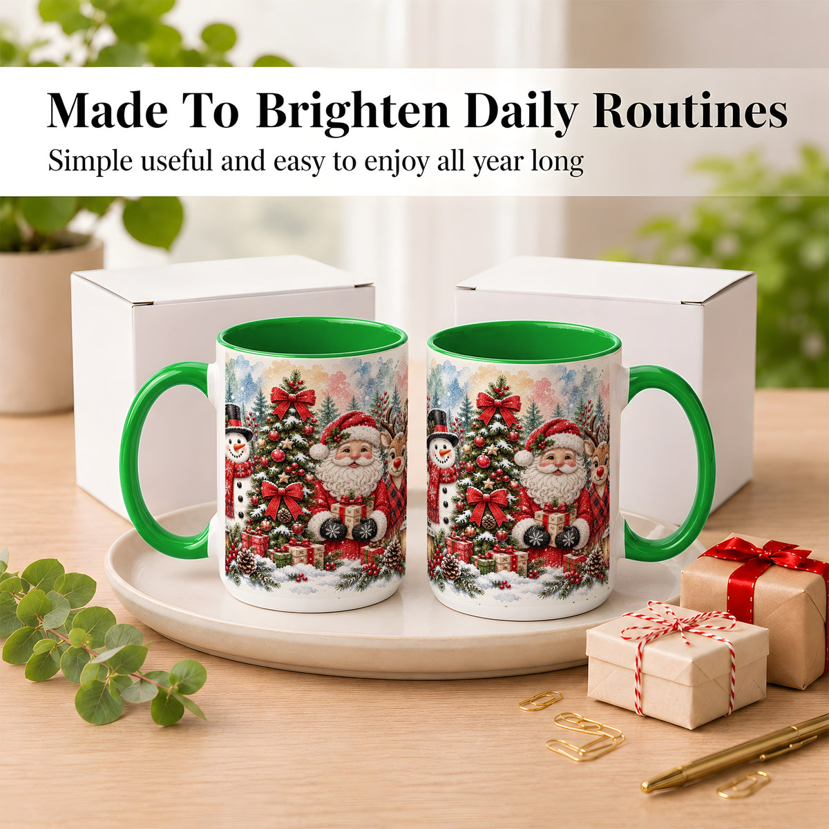 #pl[15oz|Green] Classic Christmas Coffee Mug, Santa Snowman Reindeer Mug, Ceramic Cup