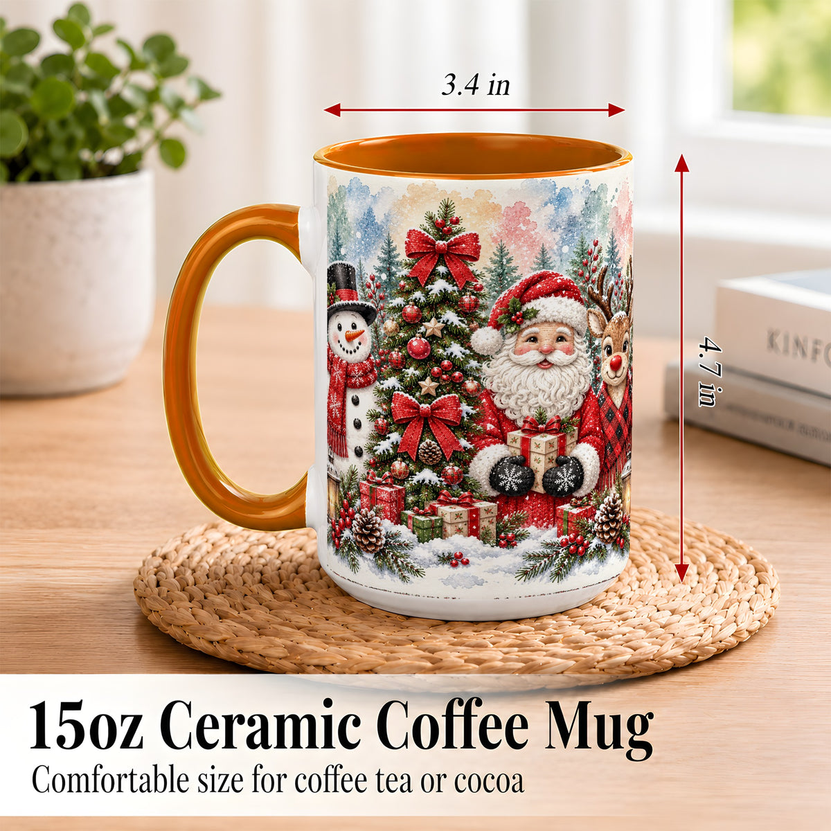 #pl[15oz|Orange] Classic Christmas Coffee Mug, Santa Snowman Reindeer Mug, Ceramic Cup