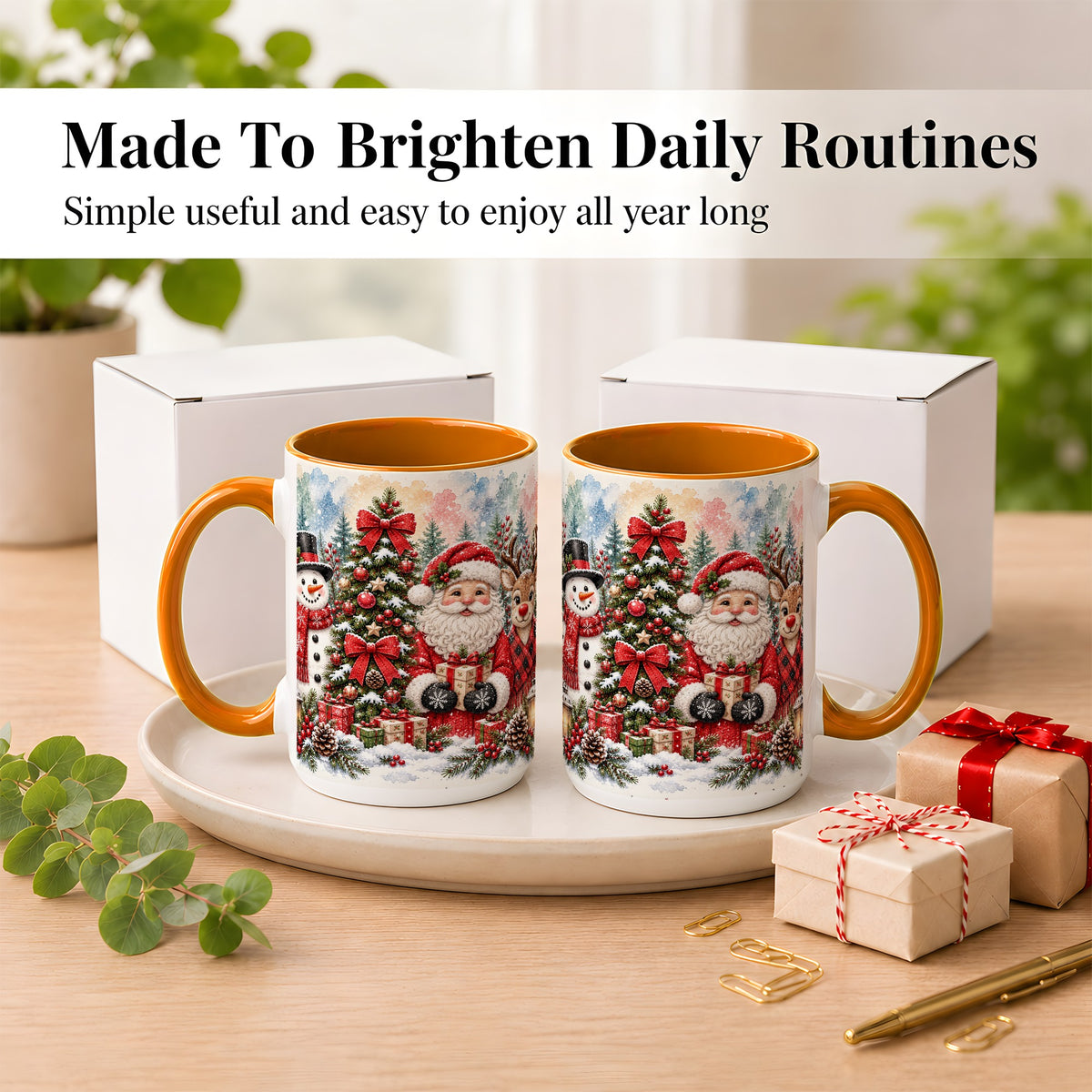 #pl[15oz|Orange] Classic Christmas Coffee Mug, Santa Snowman Reindeer Mug, Ceramic Cup