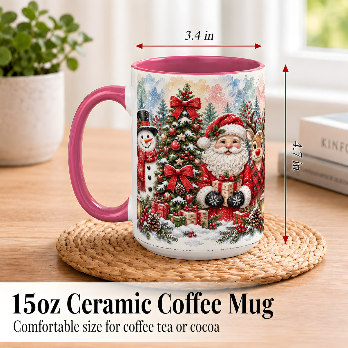 #pl[15oz|Pink] Classic Christmas Coffee Mug, Santa Snowman Reindeer Mug, Ceramic Cup