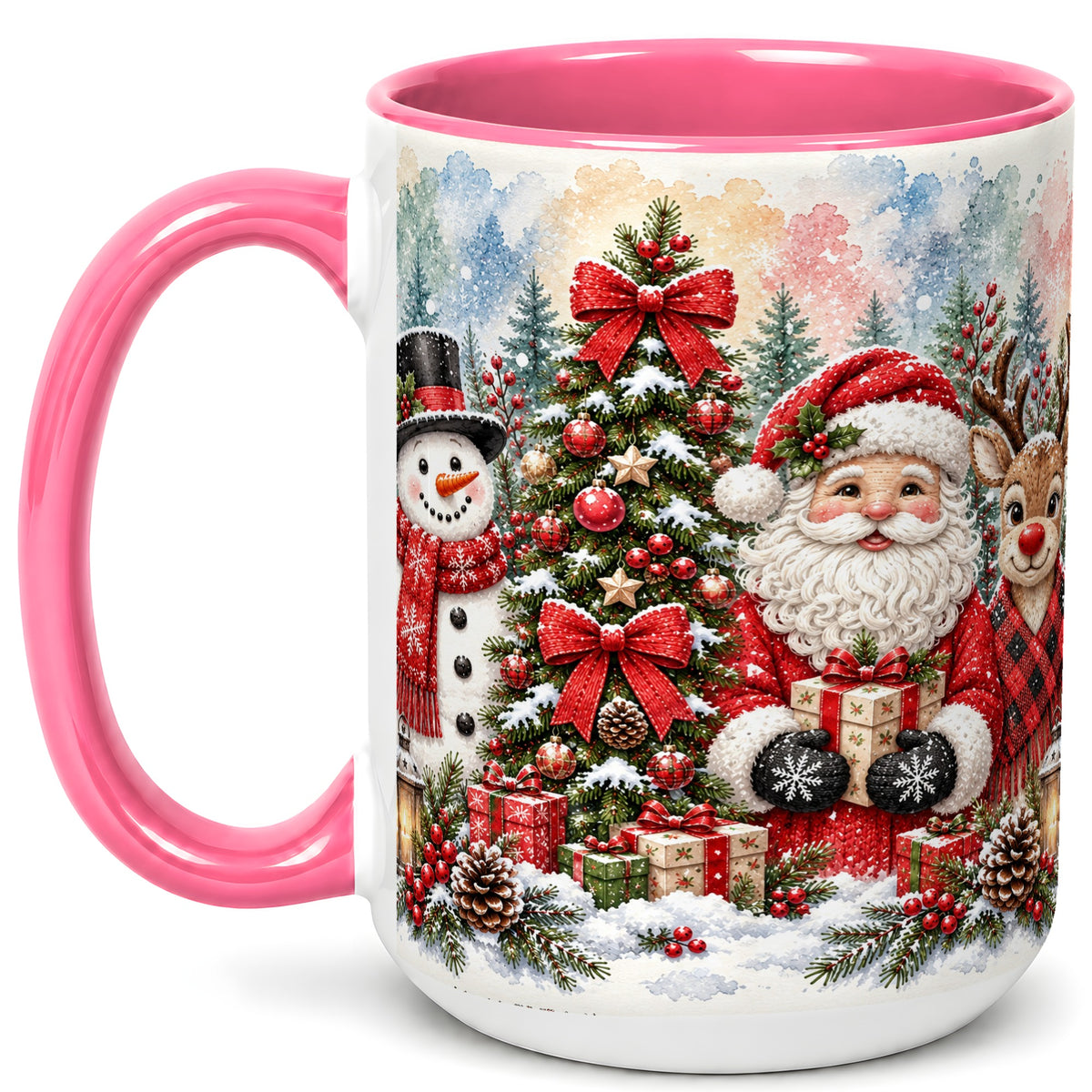 #pl[15oz|Pink] Classic Christmas Coffee Mug, Santa Snowman Reindeer Mug, Ceramic Cup
