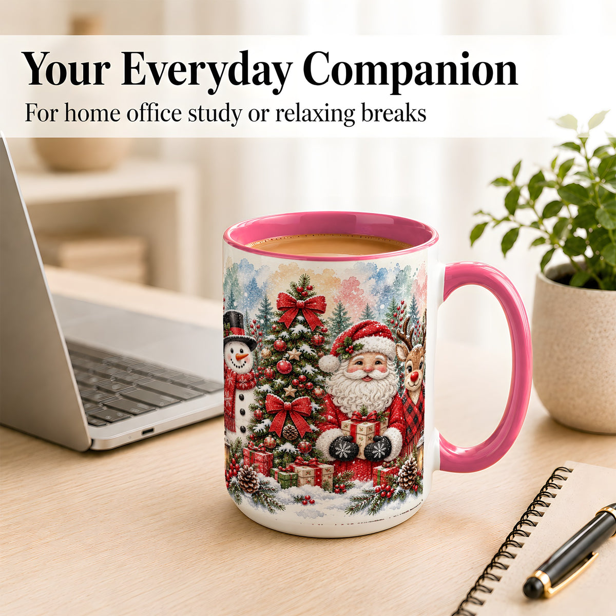 #pl[15oz|Pink] Classic Christmas Coffee Mug, Santa Snowman Reindeer Mug, Ceramic Cup
