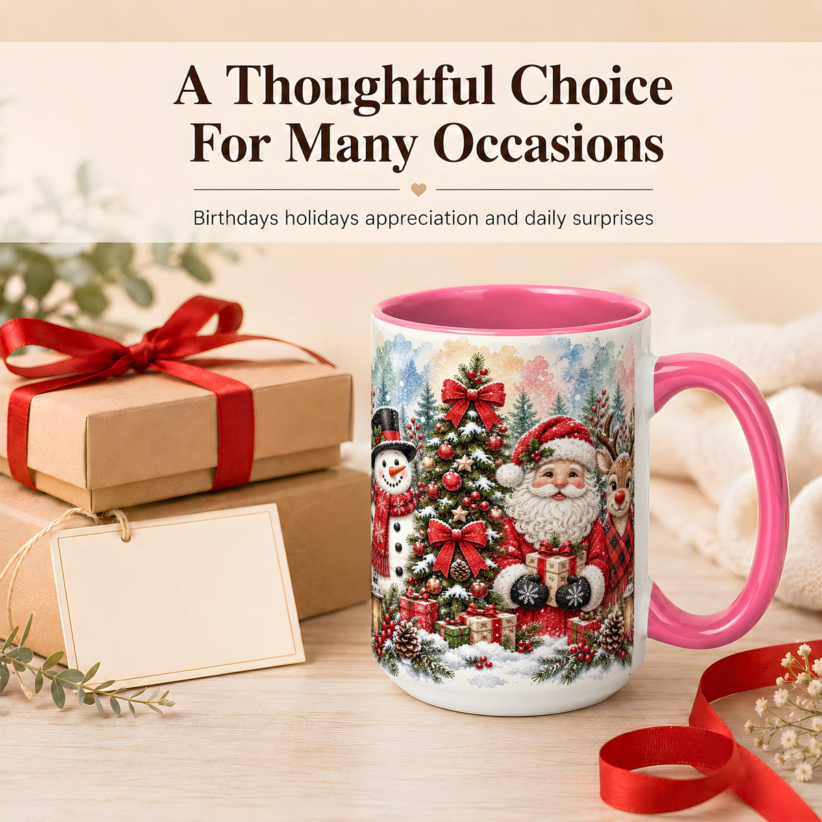 #pl[15oz|Pink] Classic Christmas Coffee Mug, Santa Snowman Reindeer Mug, Ceramic Cup