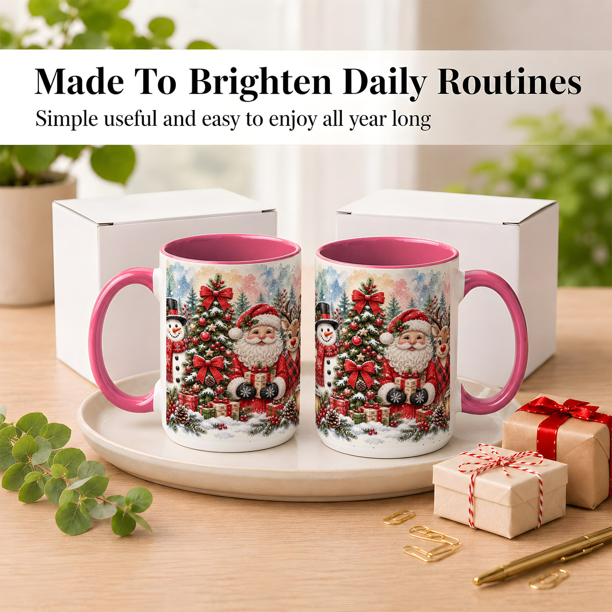 #pl[15oz|Pink] Classic Christmas Coffee Mug, Santa Snowman Reindeer Mug, Ceramic Cup