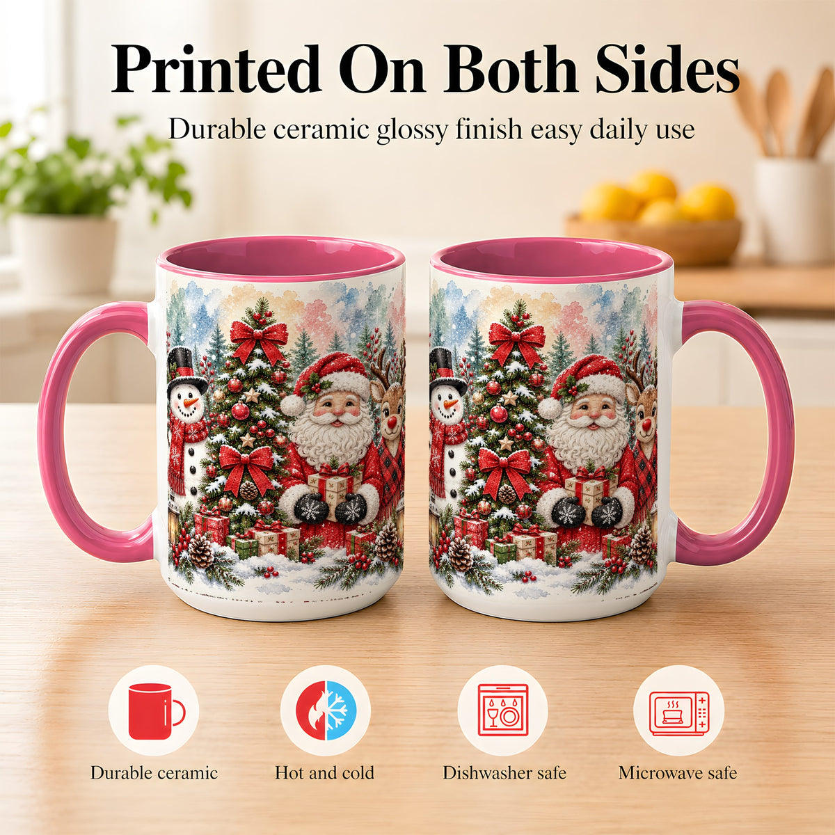 #pl[15oz|Pink] Classic Christmas Coffee Mug, Santa Snowman Reindeer Mug, Ceramic Cup