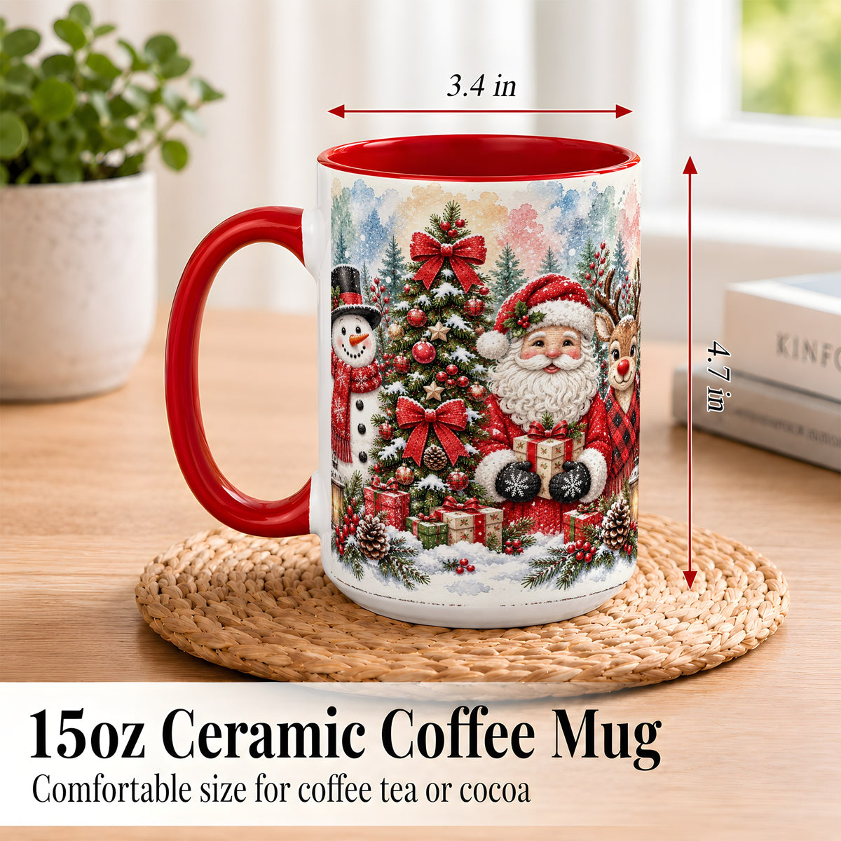 #pl[15oz|Red] Classic Christmas Coffee Mug, Santa Snowman Reindeer Mug, Ceramic Cup