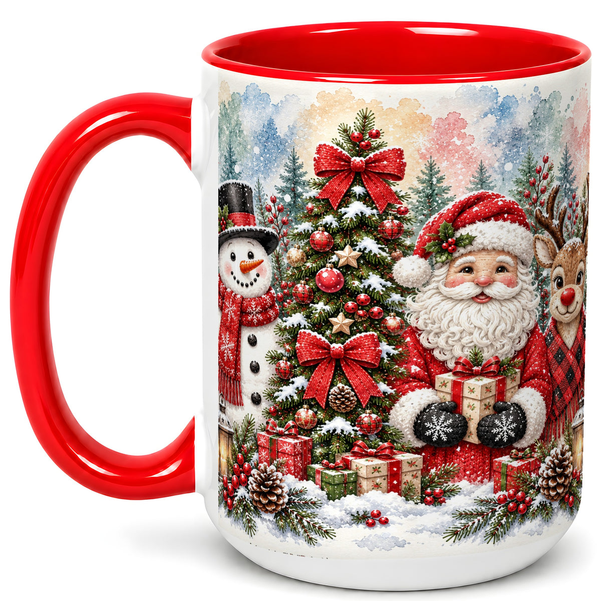 #pl[15oz|Red] Classic Christmas Coffee Mug, Santa Snowman Reindeer Mug, Ceramic Cup