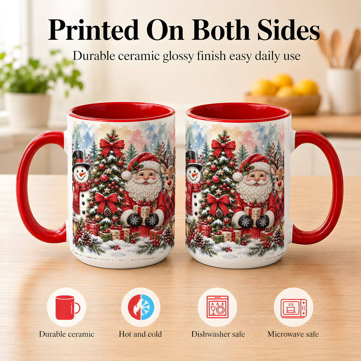 #pl[15oz|Red] Classic Christmas Coffee Mug, Santa Snowman Reindeer Mug, Ceramic Cup