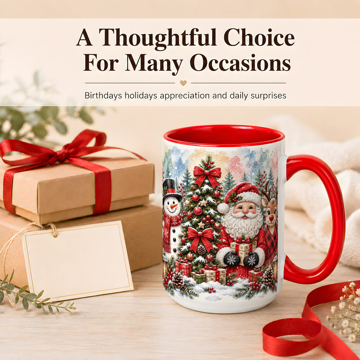 #pl[15oz|Red] Classic Christmas Coffee Mug, Santa Snowman Reindeer Mug, Ceramic Cup
