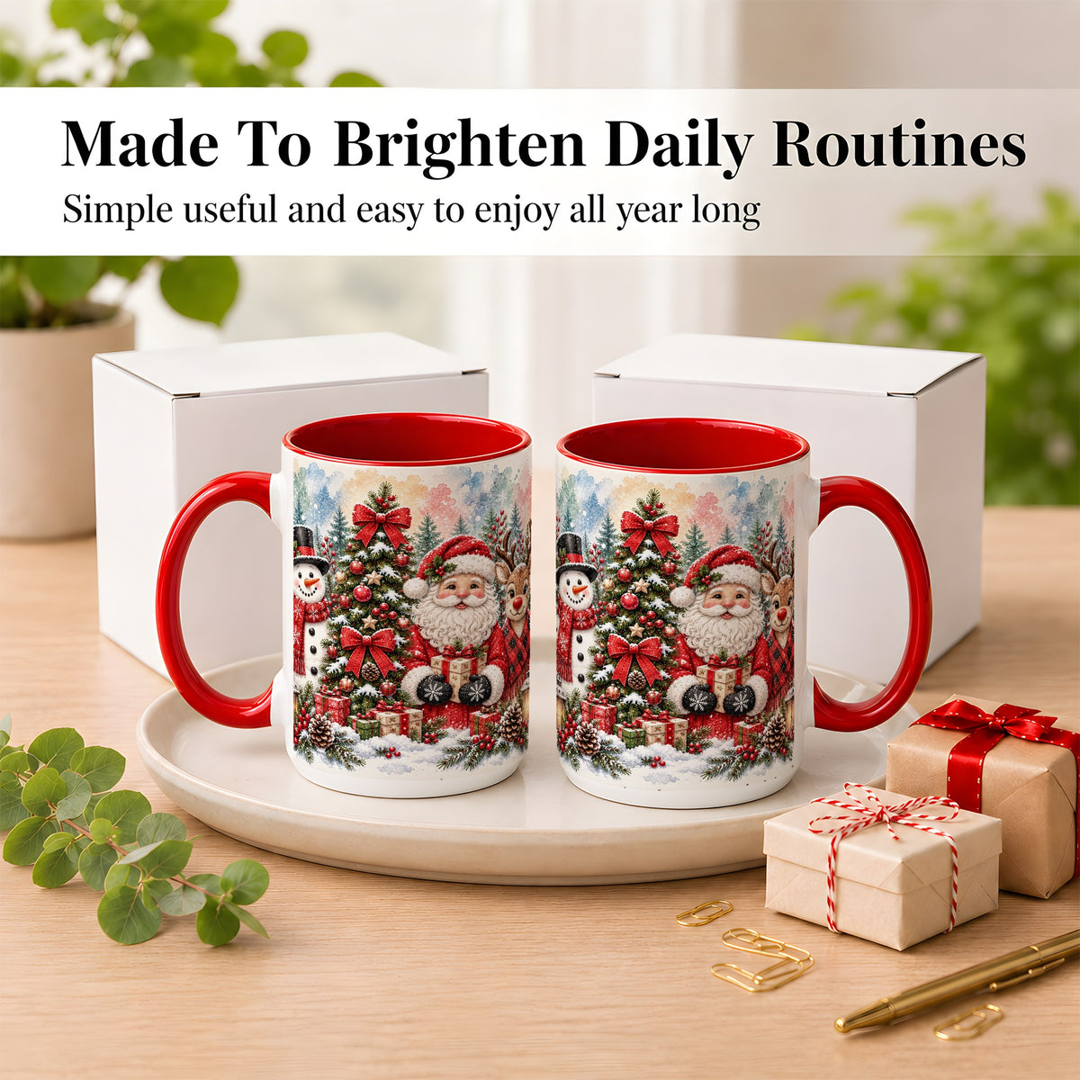 #pl[15oz|Red] Classic Christmas Coffee Mug, Santa Snowman Reindeer Mug, Ceramic Cup