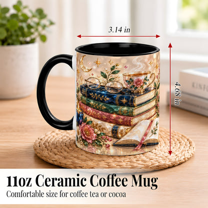 #pl[11oz|Black] Book Lover Coffee Mug, Floral Reading Mug, Ceramic Cup