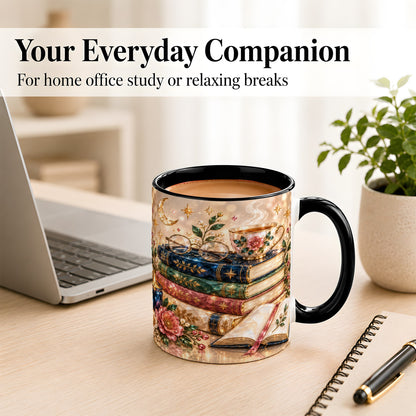 #pl[11oz|Black] Book Lover Coffee Mug, Floral Reading Mug, Ceramic Cup
