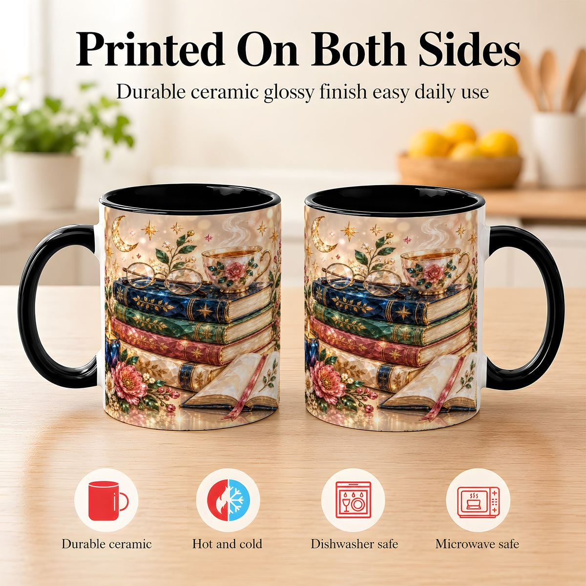 #pl[11oz|Black] Book Lover Coffee Mug, Floral Reading Mug, Ceramic Cup