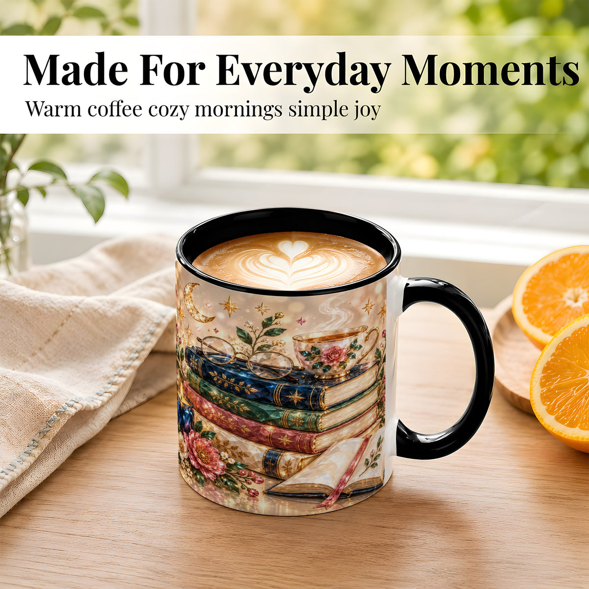 #pl[11oz|Black] Book Lover Coffee Mug, Floral Reading Mug, Ceramic Cup