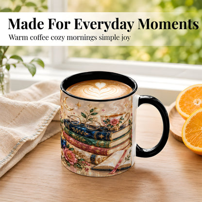 #pl[11oz|Black] Book Lover Coffee Mug, Floral Reading Mug, Ceramic Cup