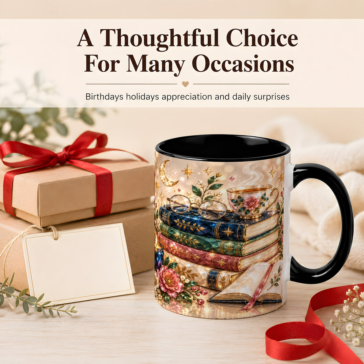 #pl[11oz|Black] Book Lover Coffee Mug, Floral Reading Mug, Ceramic Cup