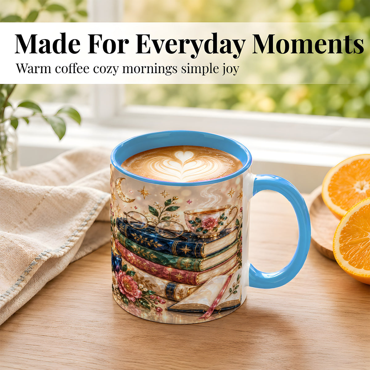 #pl[11oz|Blue] Book Lover Coffee Mug, Floral Reading Mug, Ceramic Cup