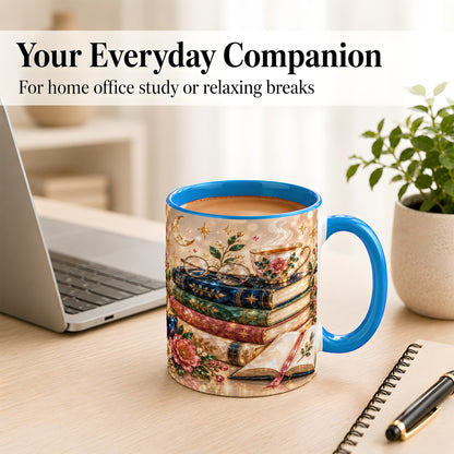#pl[11oz|Blue] Book Lover Coffee Mug, Floral Reading Mug, Ceramic Cup