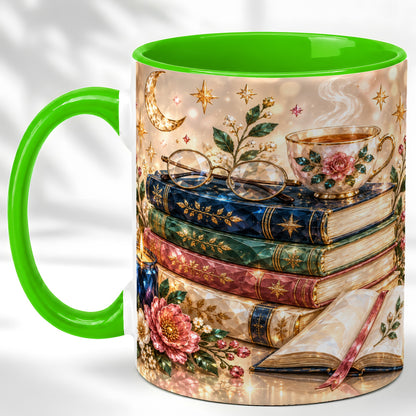 #pl[11oz|Green] Book Lover Coffee Mug, Floral Reading Mug, Ceramic Cup