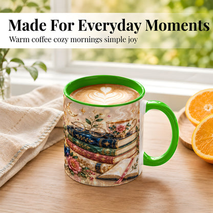 #pl[11oz|Green] Book Lover Coffee Mug, Floral Reading Mug, Ceramic Cup