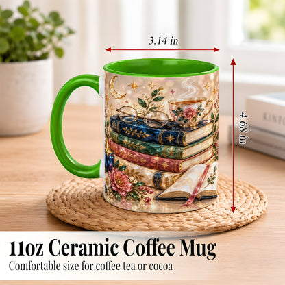 #pl[11oz|Green] Book Lover Coffee Mug, Floral Reading Mug, Ceramic Cup