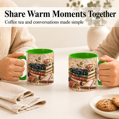 #pl[11oz|Green] Book Lover Coffee Mug, Floral Reading Mug, Ceramic Cup