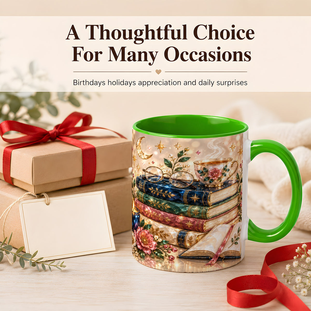 #pl[11oz|Green] Book Lover Coffee Mug, Floral Reading Mug, Ceramic Cup