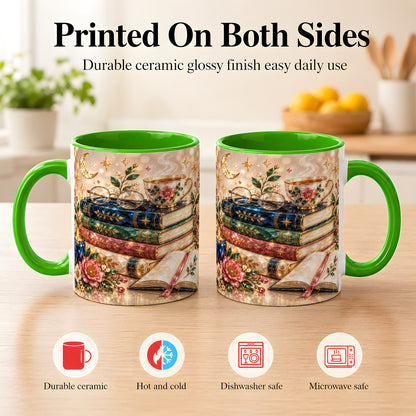 #pl[11oz|Green] Book Lover Coffee Mug, Floral Reading Mug, Ceramic Cup