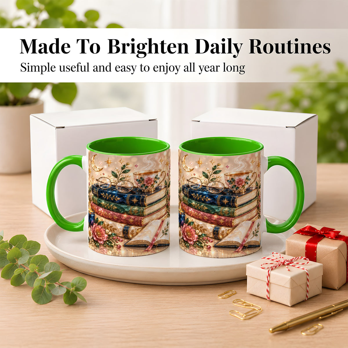 #pl[11oz|Green] Book Lover Coffee Mug, Floral Reading Mug, Ceramic Cup