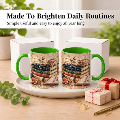 #pl[11oz|Green] Book Lover Coffee Mug, Floral Reading Mug, Ceramic Cup